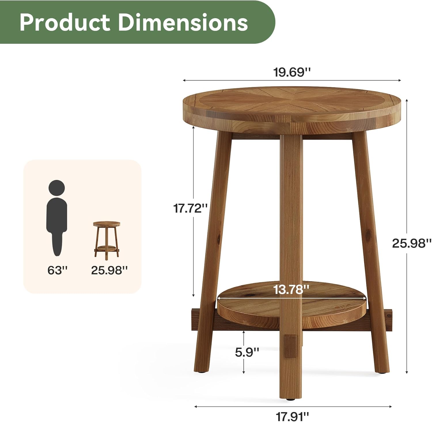 19.6" Round End Table, Solid Wood Side Table with 2-Tier Storage