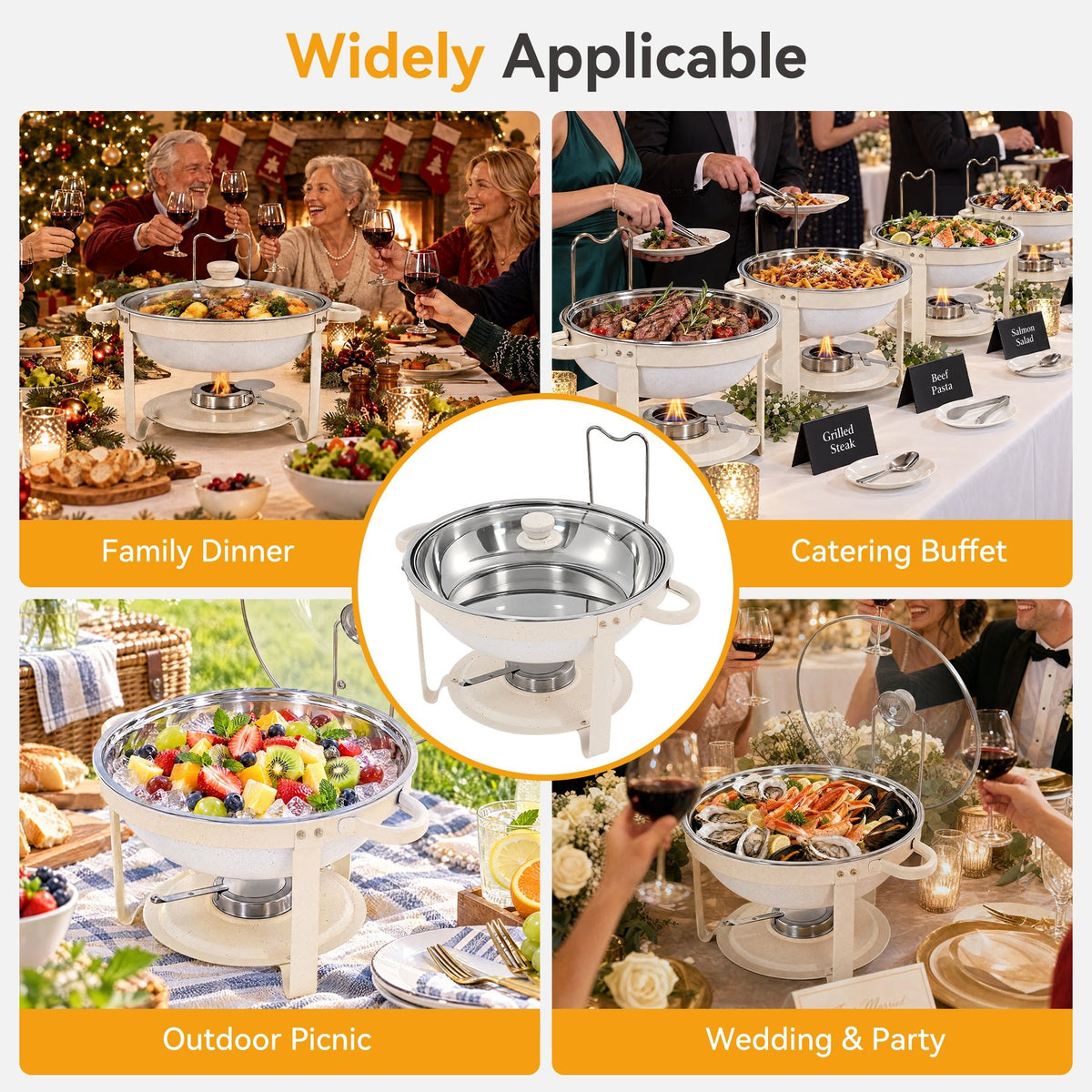 4-Pack Chafing Dishes for Buffet Set, 6QT Round Stainless Steel Food Chafing Dishes