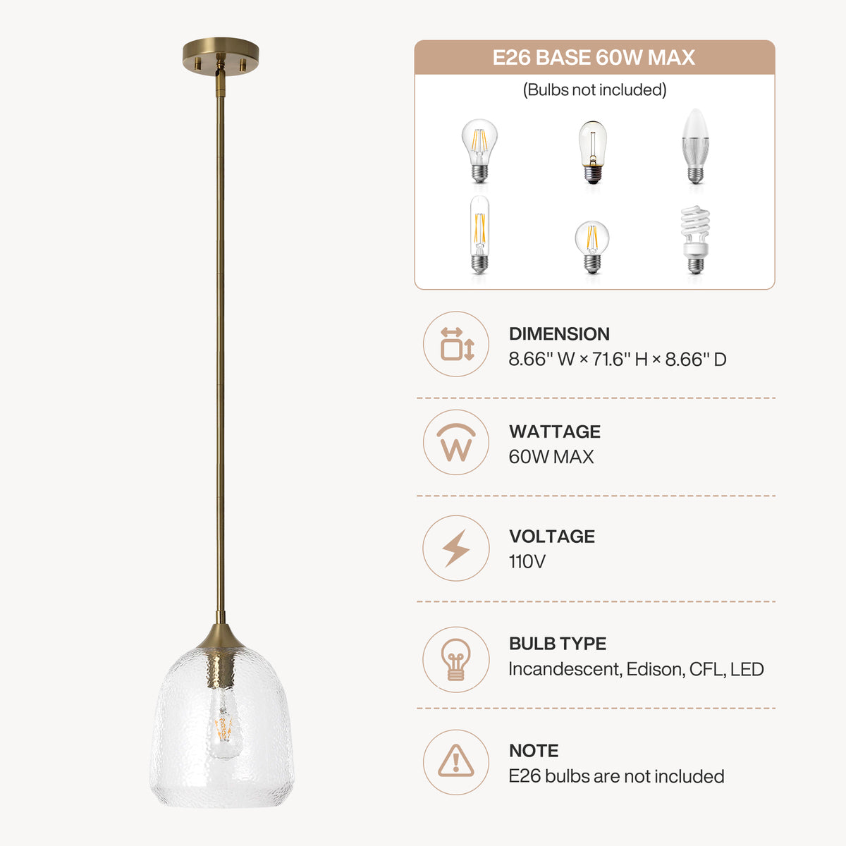 Tribesigns Modern Hammered Glass Pendant Light, Brass Island Light
