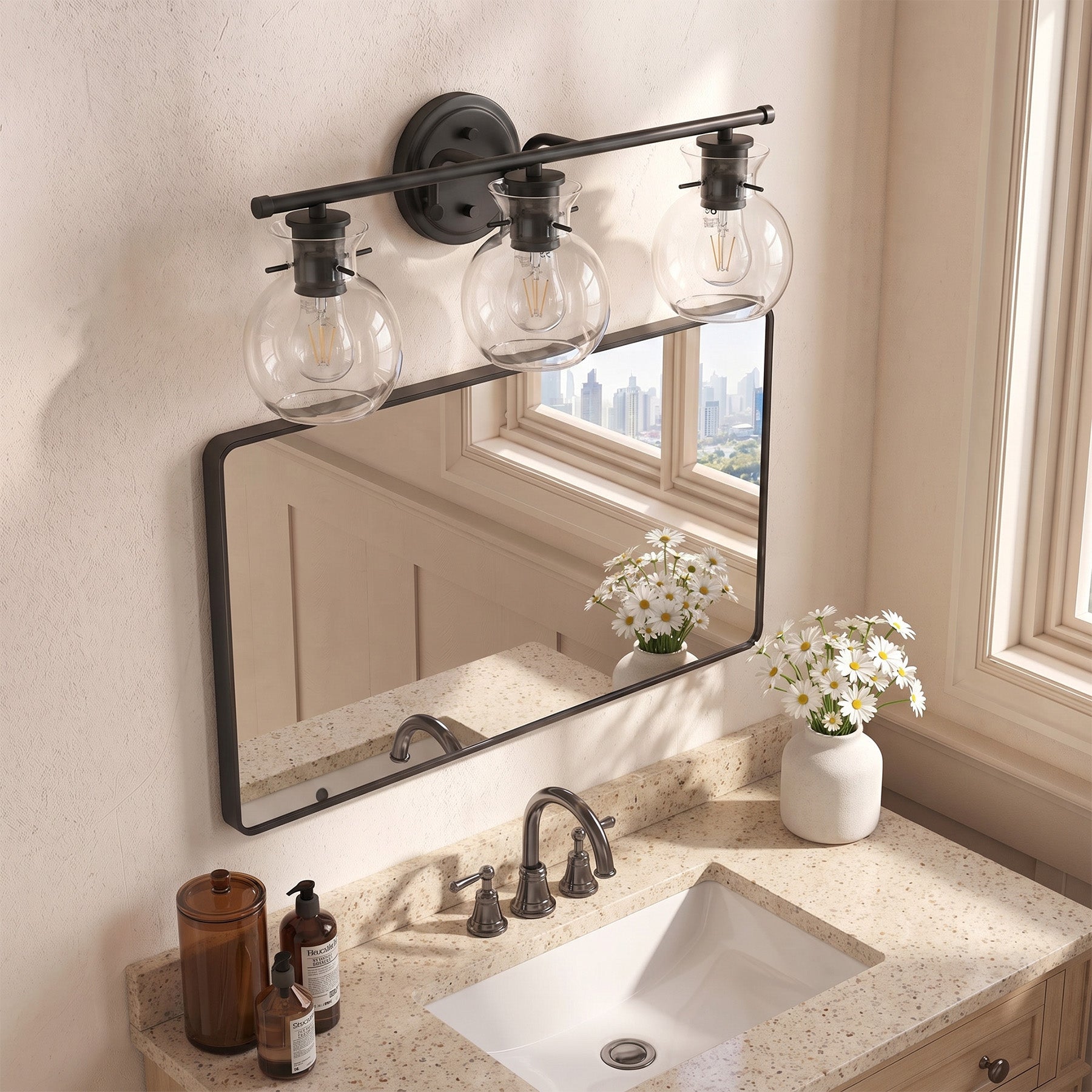 3-Light Bathroom Vanity Light, Modern Wall Light Fixture with Clear Glass Shades