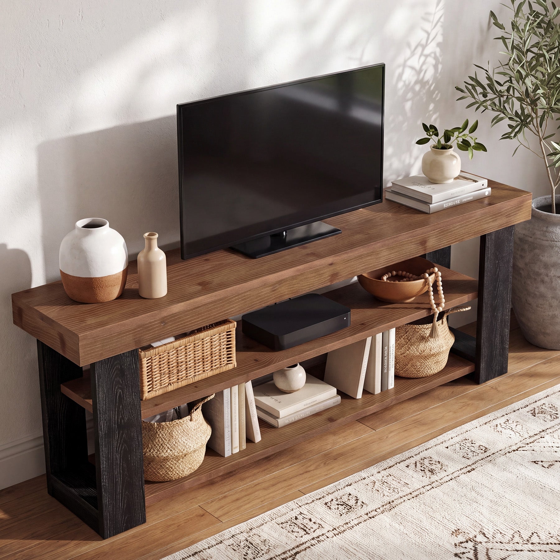 63" TV Stand for 65/70" TVs, Farmhouse Solid Wood Media Console, Entertainment Center