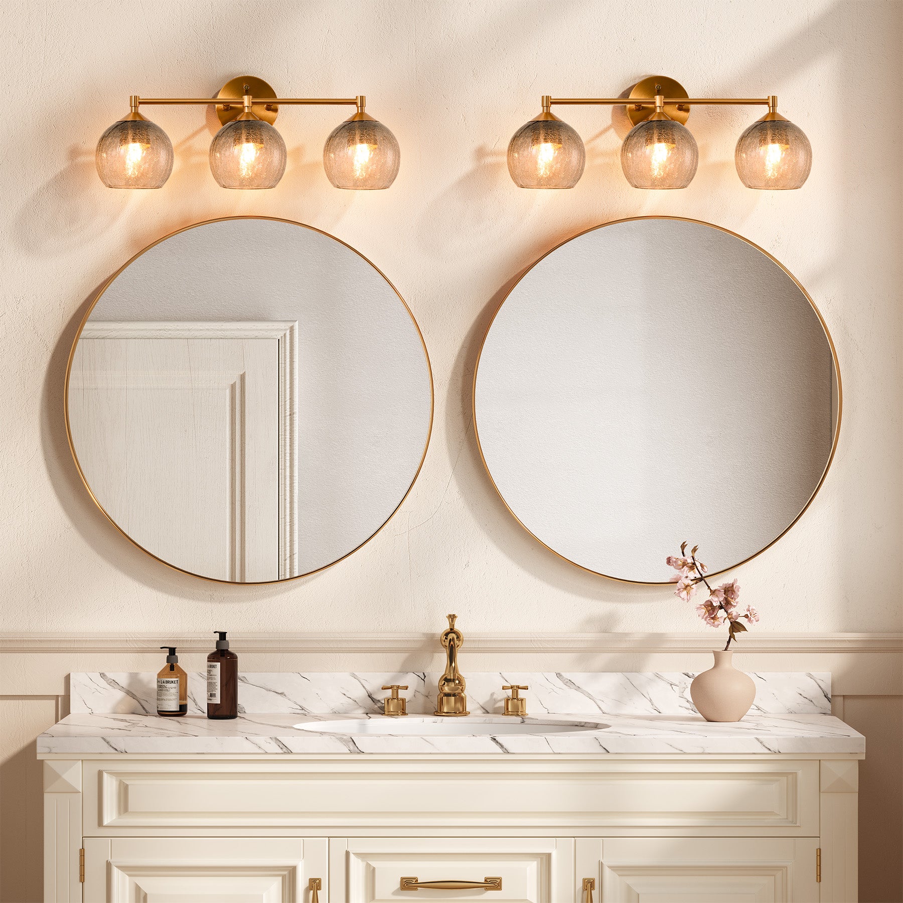 3-Light Bathroom Light Fixtures, Modern Wall Sconce Vanity Light with Grey Glass Shade (Bulbs Not Included)