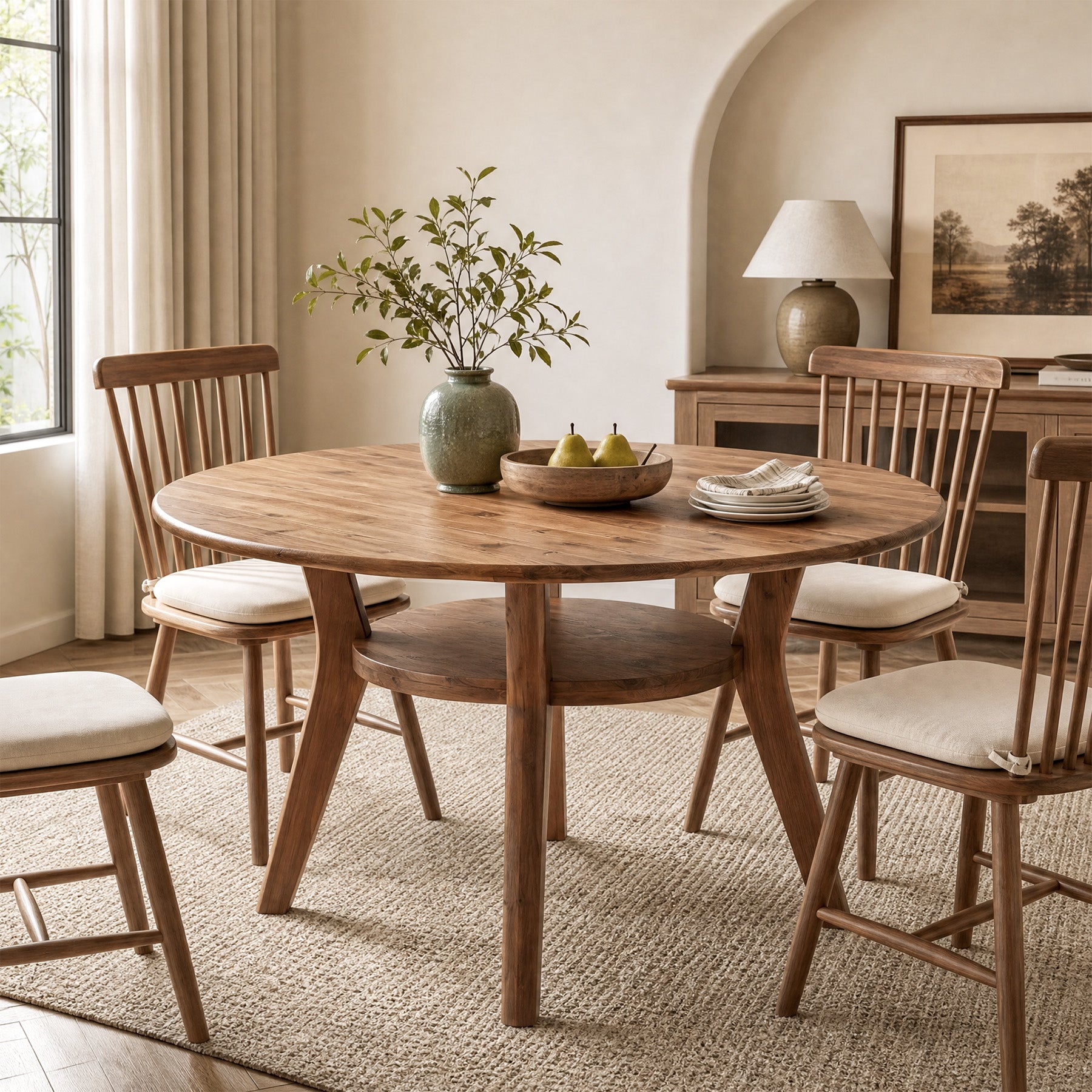 47" Round Dining Table with Storage Shelf, Solid Wood Kitchen Table, 2-Tier