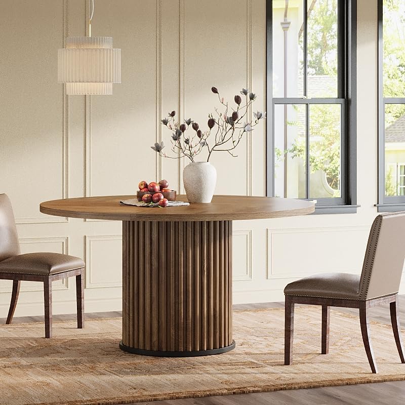 47" Round Dining Table, Wood Kitchen Table With Sturdy Fluted Metal Base