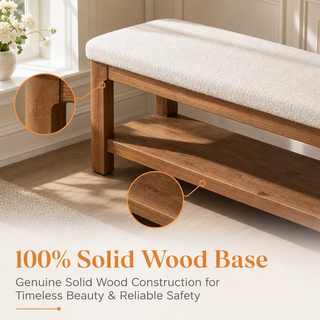 55" Solid Wood Dining Bench, Farmhouse Upholstered Bench with 2-Tier Storage Shelf