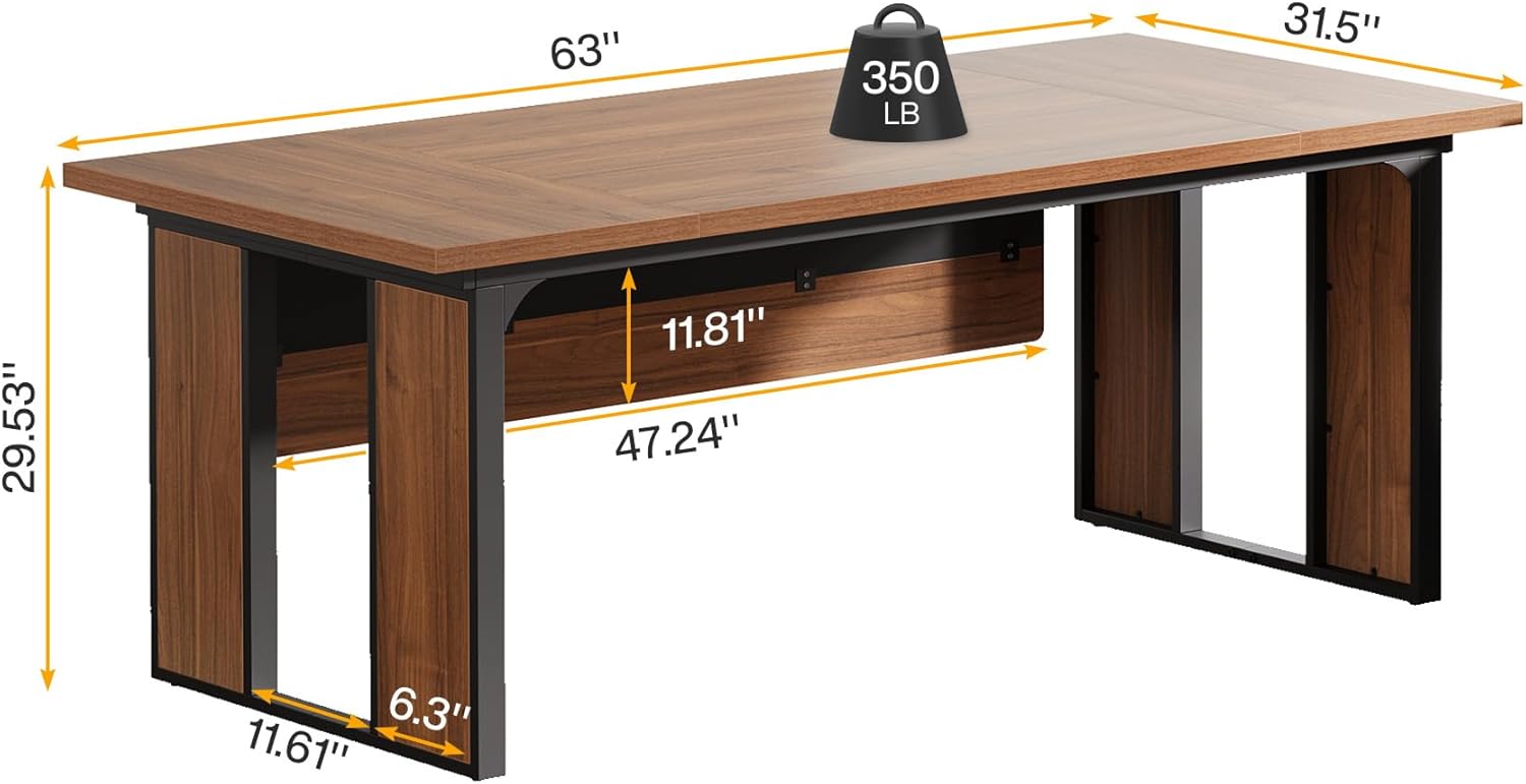 63" Executive Desk, Modern Computer Desk with Privacy Panel & Metal Frame
