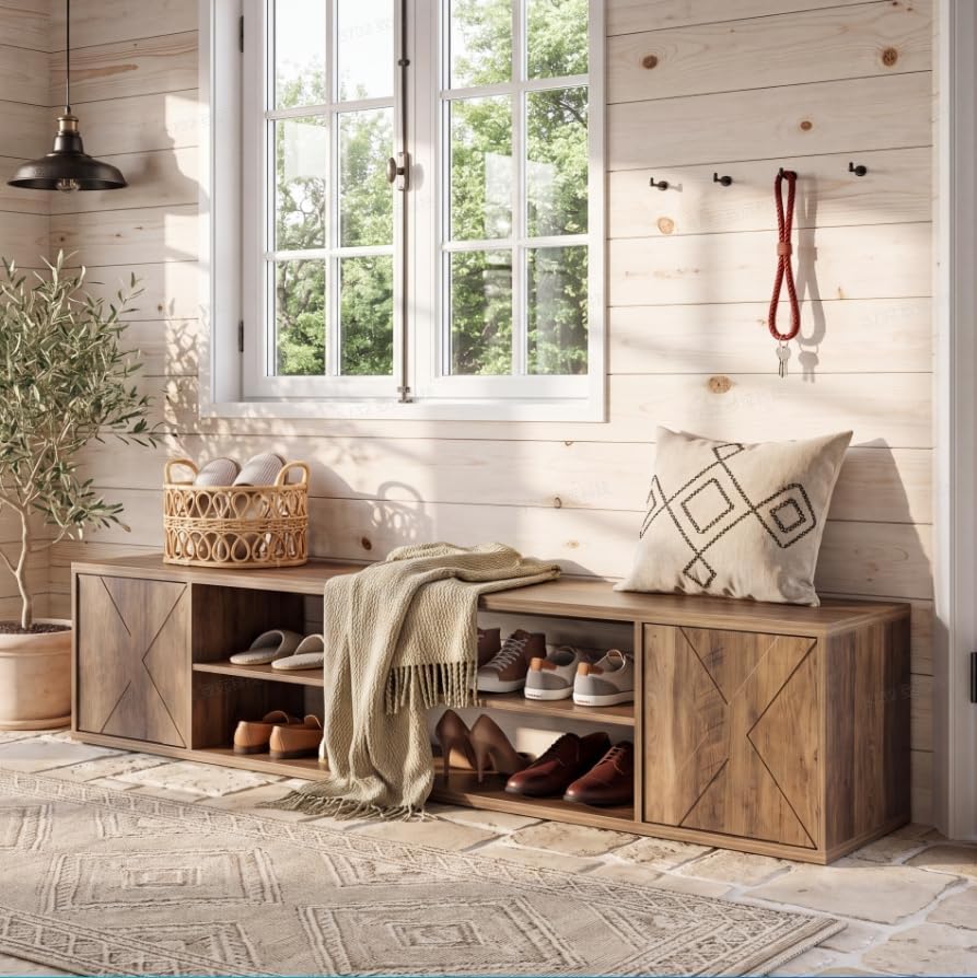 63" Entryway Bench, Shoe Storage Bench with Barn Doors for Living Room