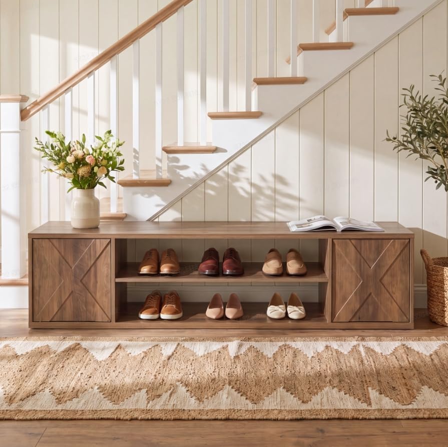 63" Entryway Bench, Shoe Storage Bench with Barn Doors for Living Room