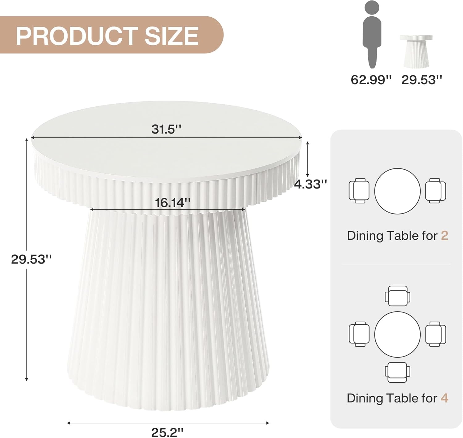 31.5" Modern Dining Table, Small Round Kitchen Table with Fluted Pedestal Base