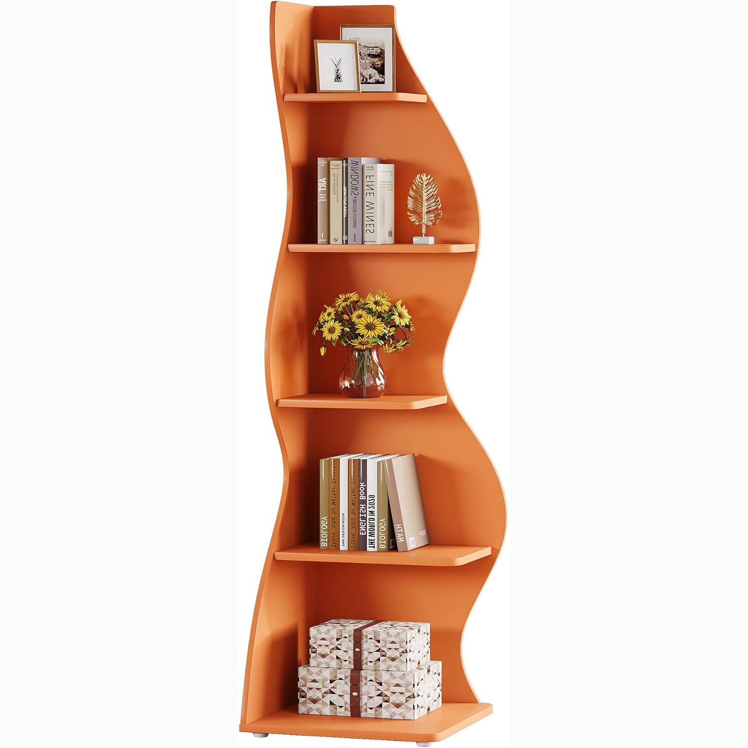 Tribesigns Wavy Corner Shelf, Modern 5-Tier Curved Bookshelf for Small Spaces