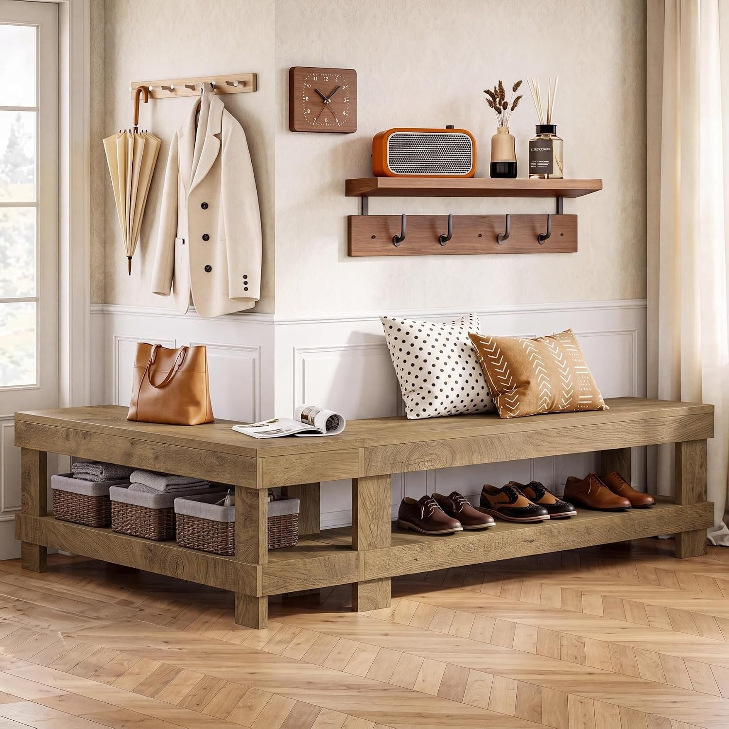 61" L-Shaped Bench, Corner Entry Bench Breakfast Nook Bench with 2-Tier Open Storage
