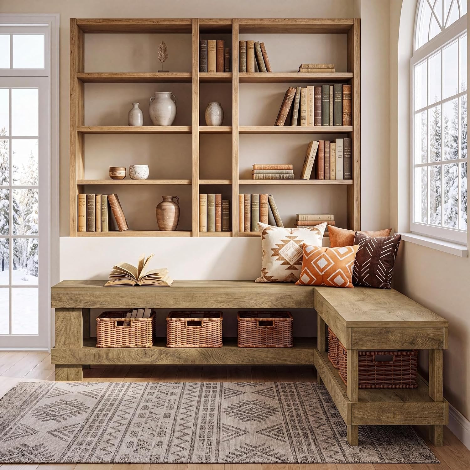 61" L-Shaped Bench, Corner Entry Bench Breakfast Nook Bench with 2-Tier Open Storage