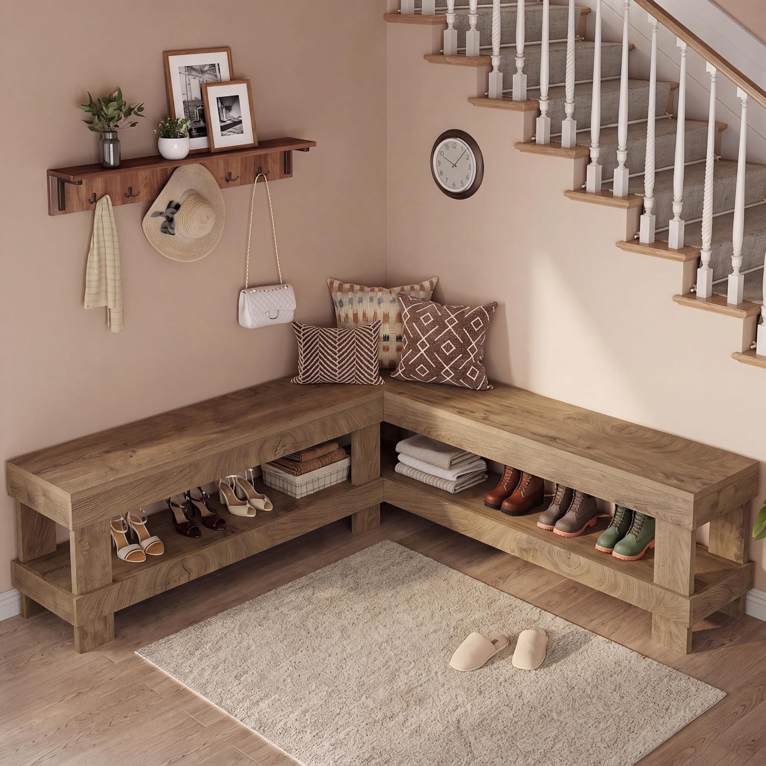 61" L-Shaped Bench, Corner Entry Bench Breakfast Nook Bench with 2-Tier Open Storage