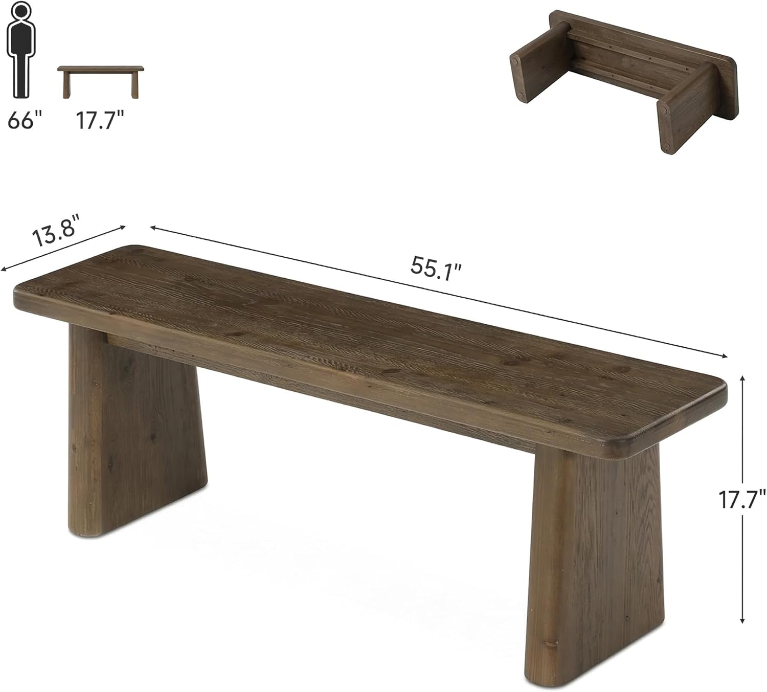 55" Entryway Bench, Solid Wood End of Bed Bench Dining Bench