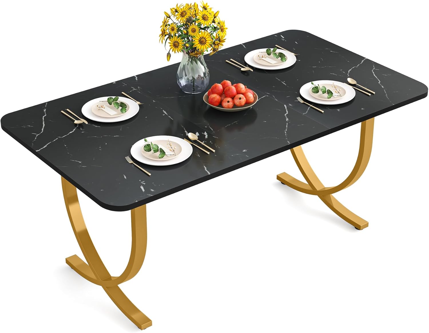 63" Modern Kitchen Table with Gold Metal Legs, Faux Marble Rectangular Dining Table