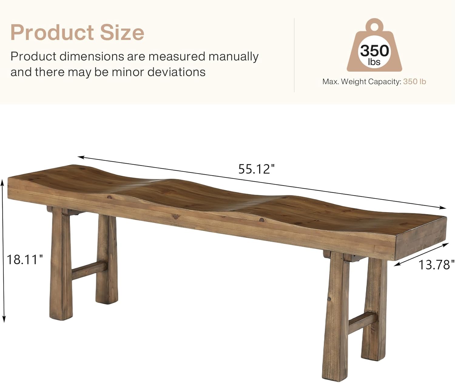 55" Entryway Bench, Solid Wood Storage Bench with Wave-Top Design for Foyer