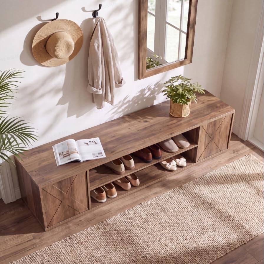 63" Entryway Bench, Shoe Storage Bench with Barn Doors for Living Room