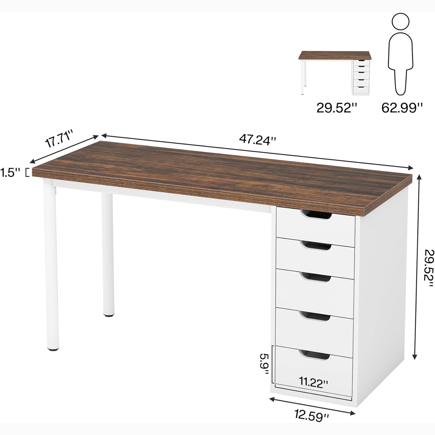 Tribesigns 47" Computer Desk with 5 Reversible Drawers, Rustic Home Office Workstation