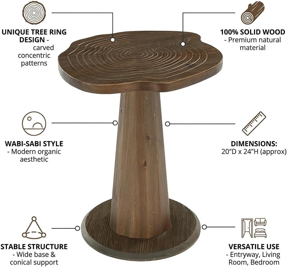 20.8" End Table, Solid Wood Round Pedestal Side Table with Tree-Ring Patterns