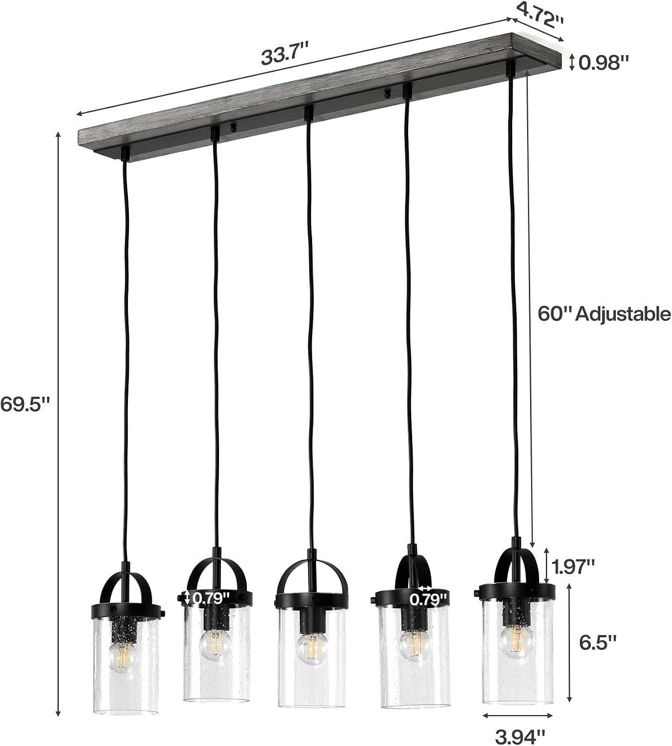 5-Light Linear Chandelier, Kitchen Island Lighting Fixture with Seeded Glass Shades, E26 Socket