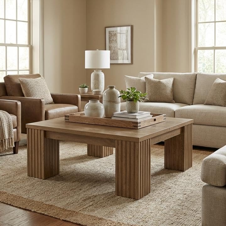 39" Square Coffee Table, Farmhouse Center Table with Fluted Legs