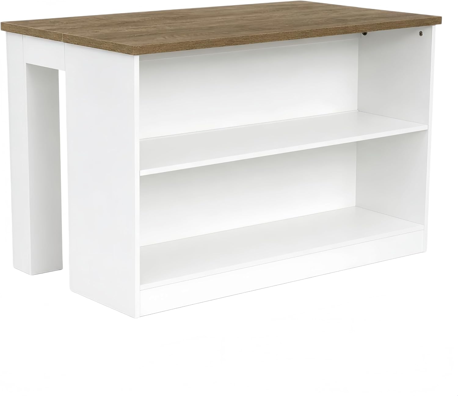 55" Farmhouse Kitchen Island, Stationary Island Prep Dining Table with 2-Tier Open Shelves