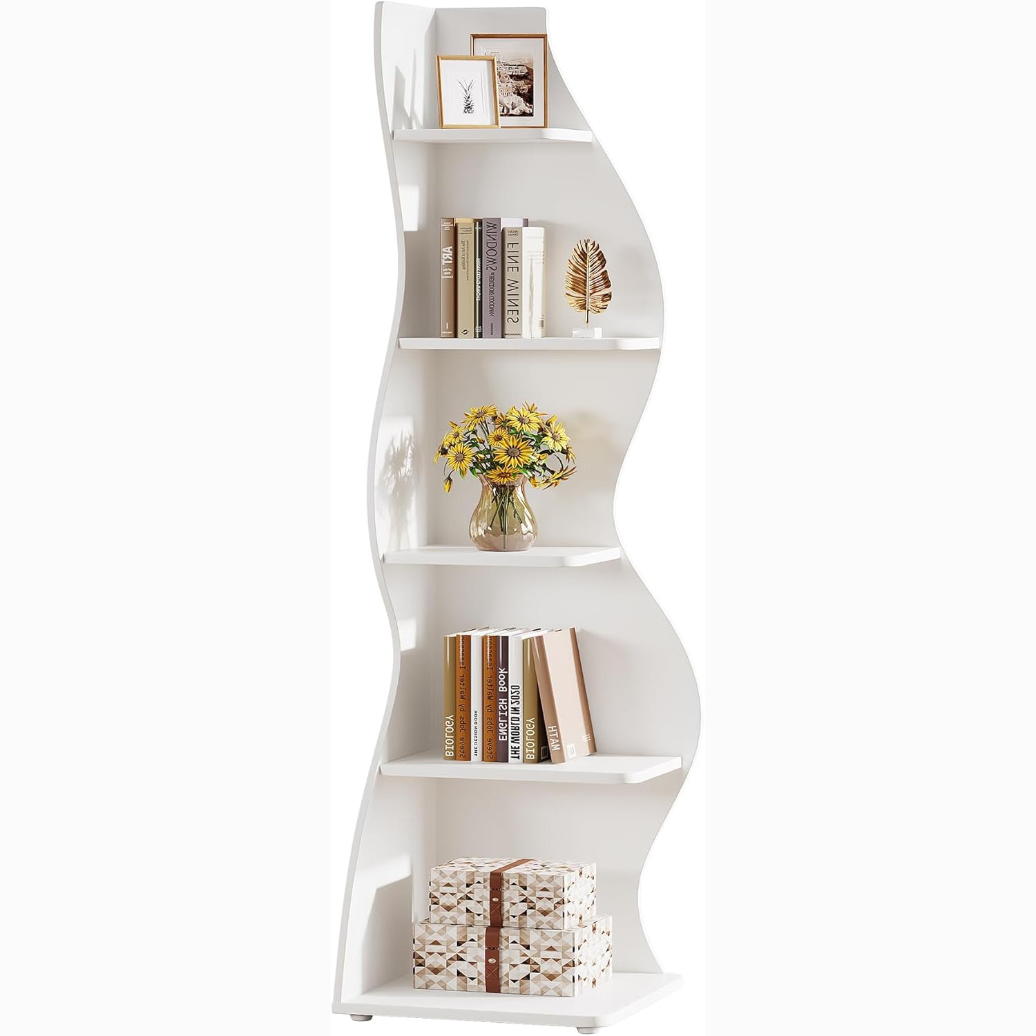 Tribesigns Wavy Corner Shelf, 5-Tier Curved Bookshelf for Small
