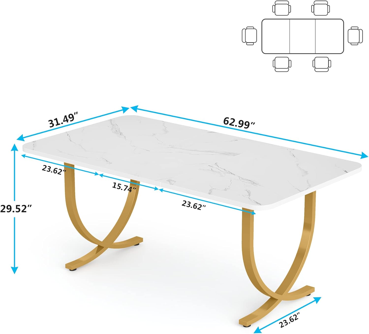 63" Modern Kitchen Table with Gold Metal Legs, Faux Marble Rectangular Dining Table