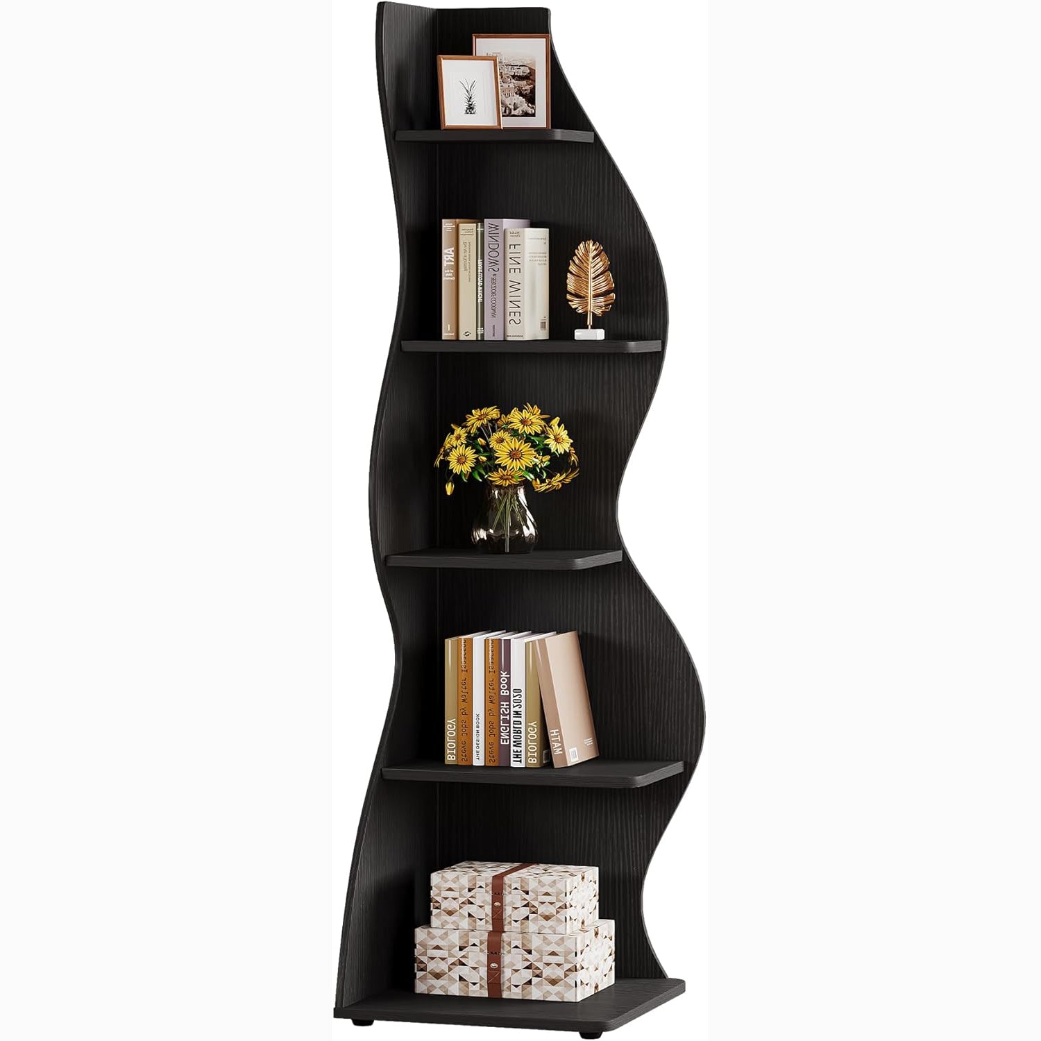 Tribesigns Wavy Corner Shelf, Modern 5-Tier Curved Bookshelf for Small Spaces