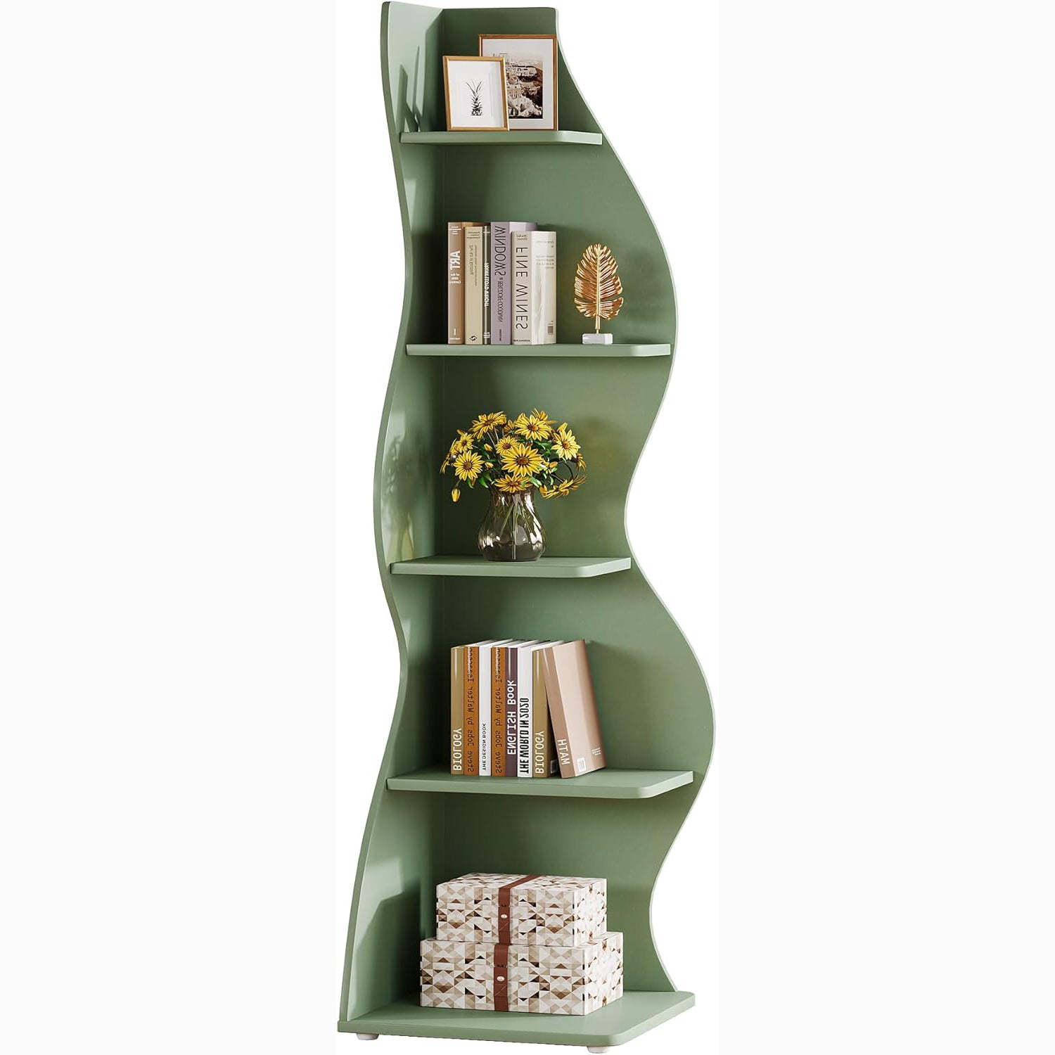 Tribesigns Wavy Corner Shelf, Modern 5-Tier Curved Bookshelf for Small Spaces