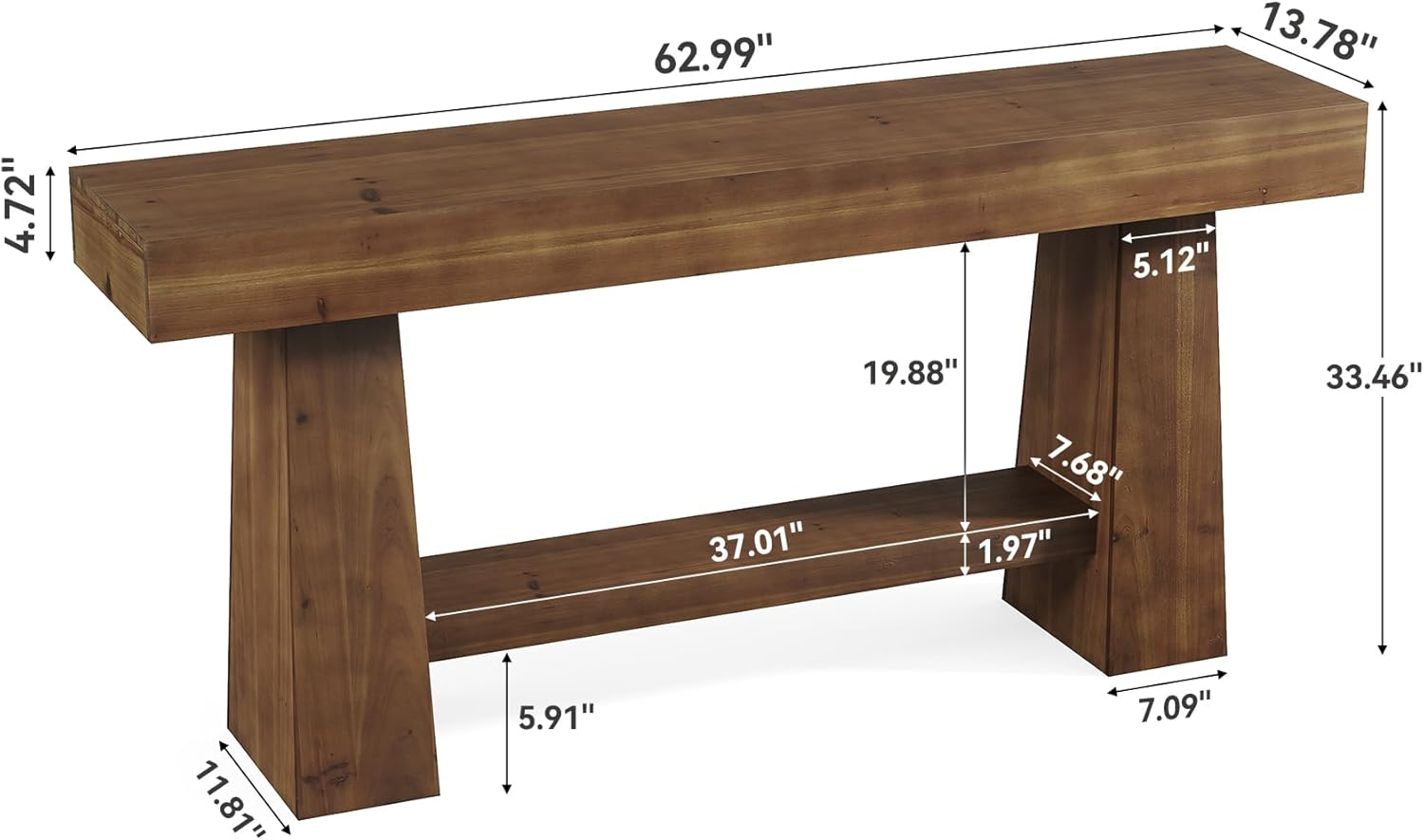Solid Wood Console Table, 63" Wooden Entryway Sofa Table with Storage
