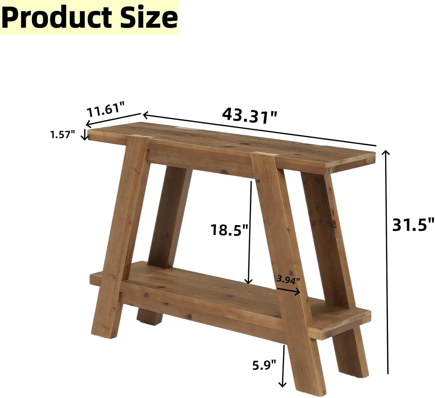 43" Narrow Console Table, 2-Tier Solid Wood Sofa Entryway Table