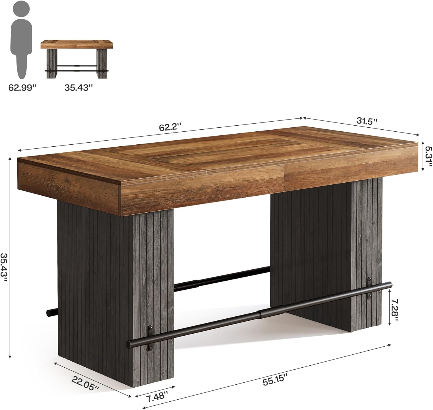62.2" Bar Table, Industrial Counter Height Pub Dining Table