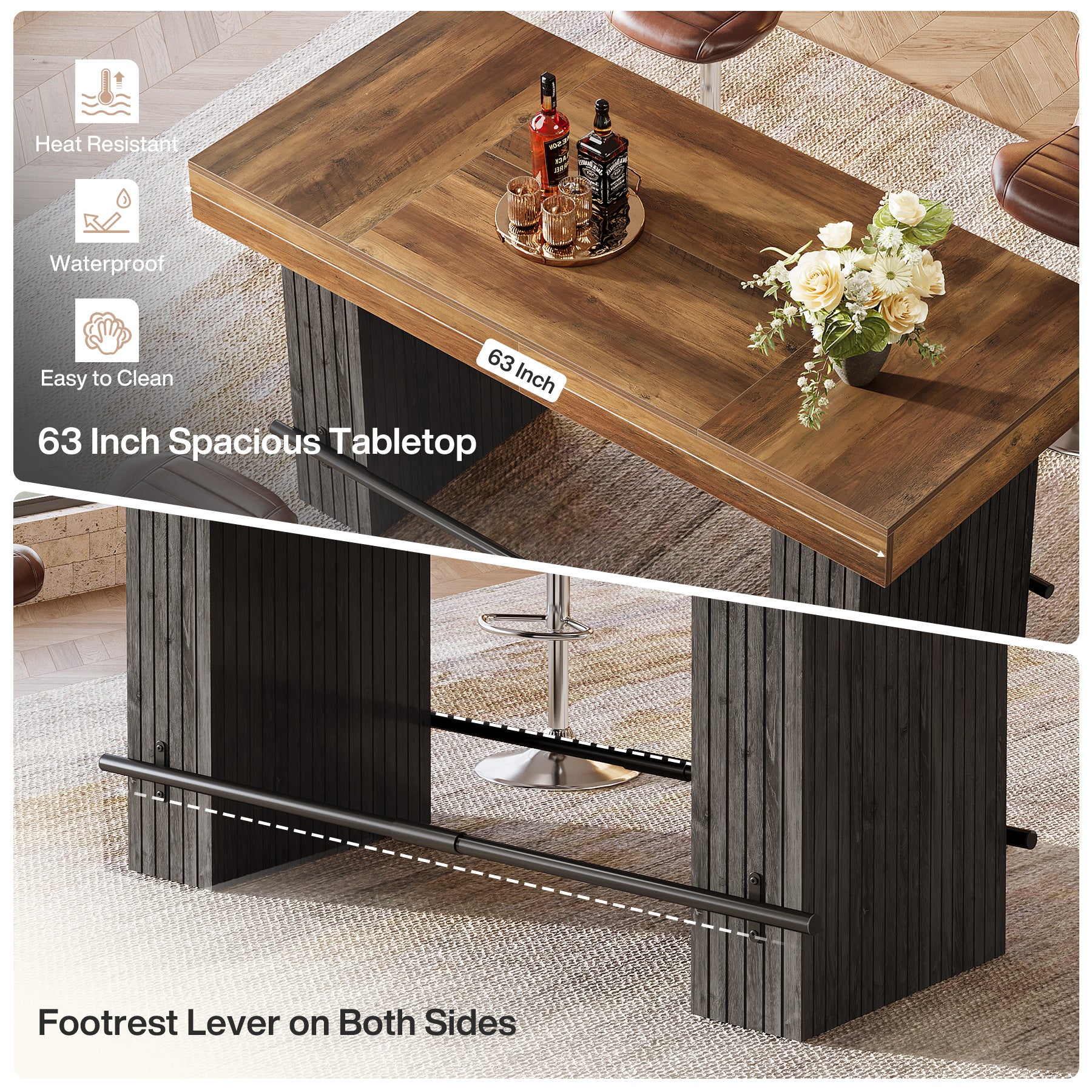 62.2" Bar Table, Industrial Counter Height Pub Dining Table