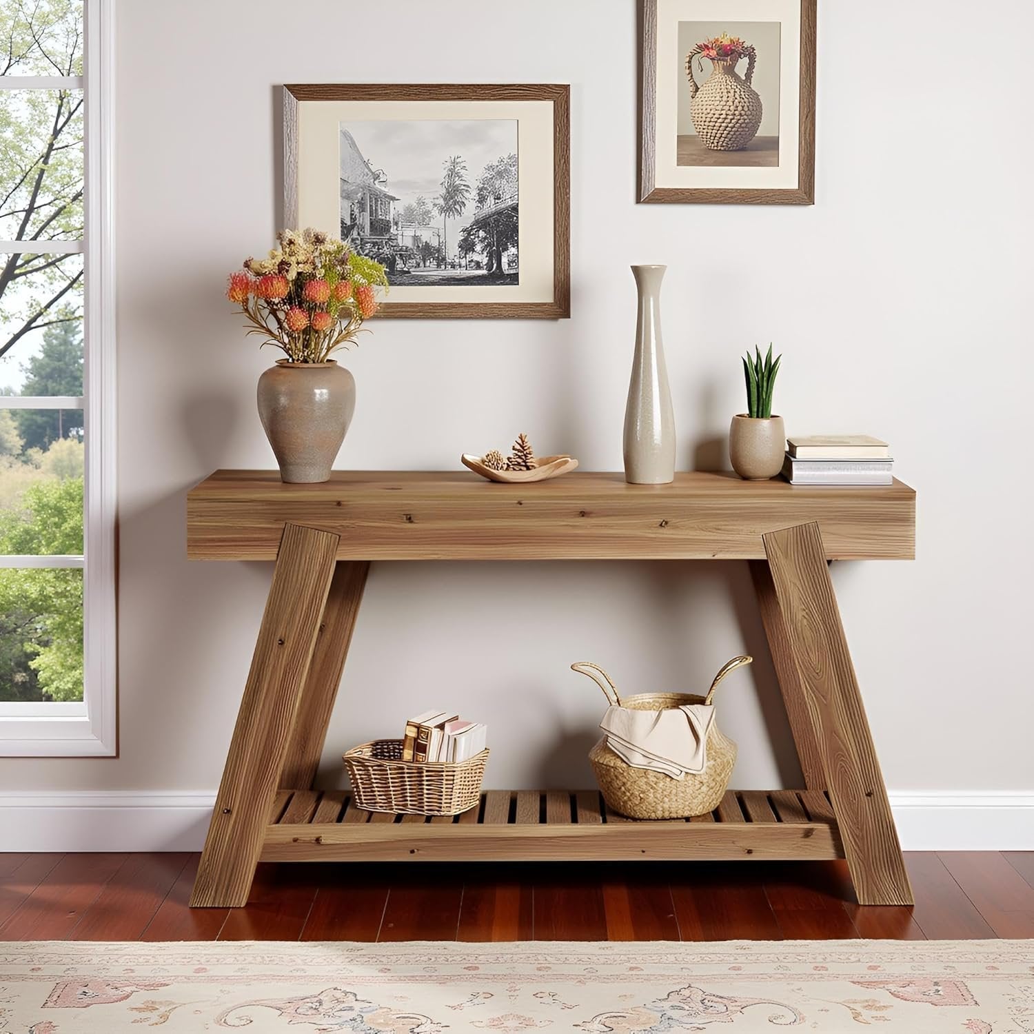 62.9" Console Table, Solid Wood Narrow Sofa Couch Table with Storage for Entryway