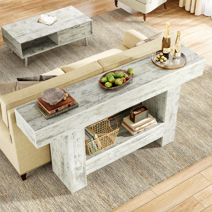63-Inch Farmhouse Console Table - Solid Wood Entryway Sofa Table With 2 Open Shelves For Living Room, Hallway, Foyer, Rustic Brown
