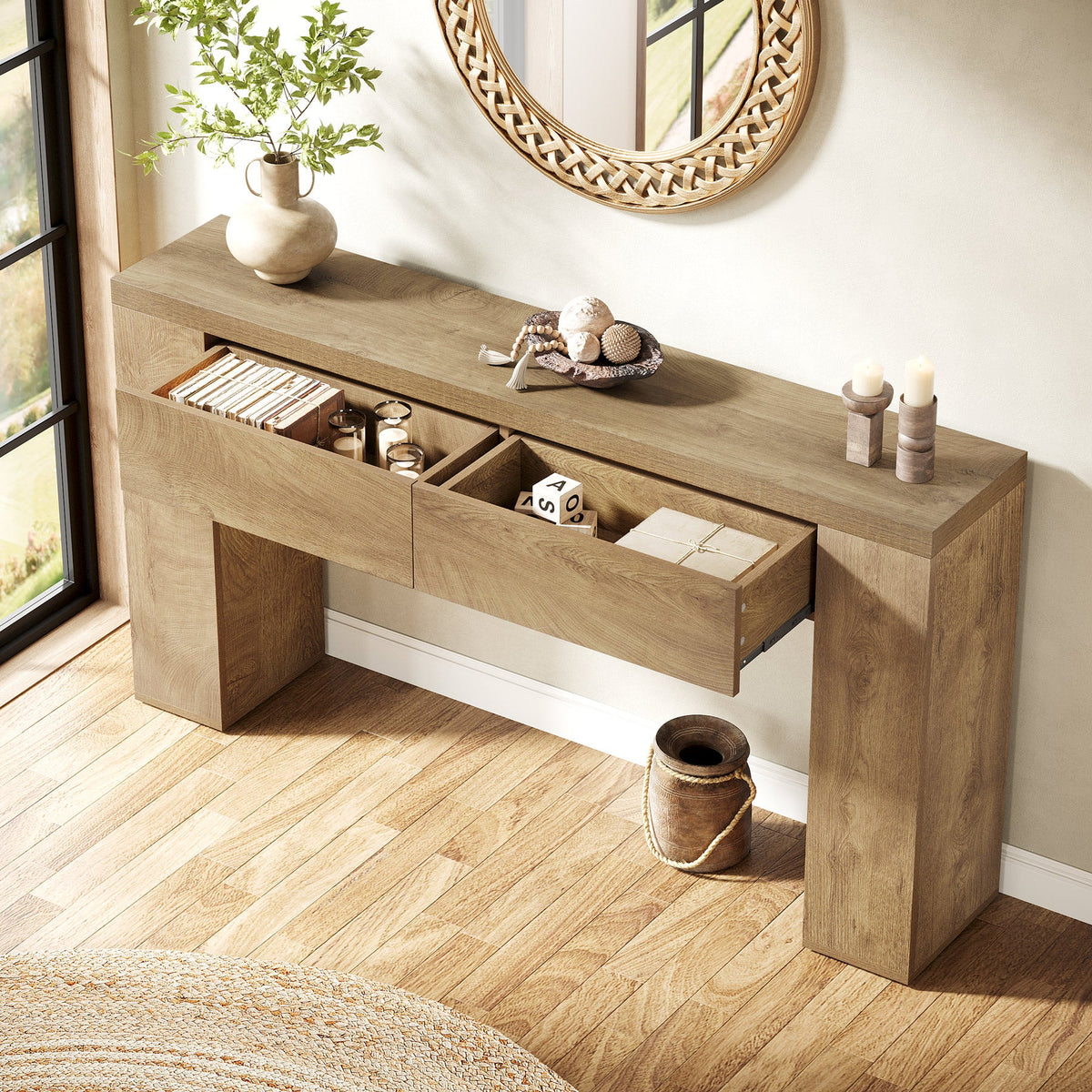 Tribesigns 63" Console Table, Rustic Sofa Hallway Table with Drawers ...