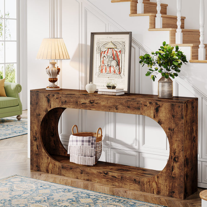 63" Console Table, Wood Sofa Table Behind Couch with 2 - Tier Storage Shelf Tribesigns