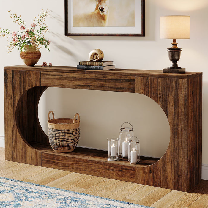 63" Console Table, Wood Sofa Table Behind Couch with 2-Tier Storage Shelf Tribesigns