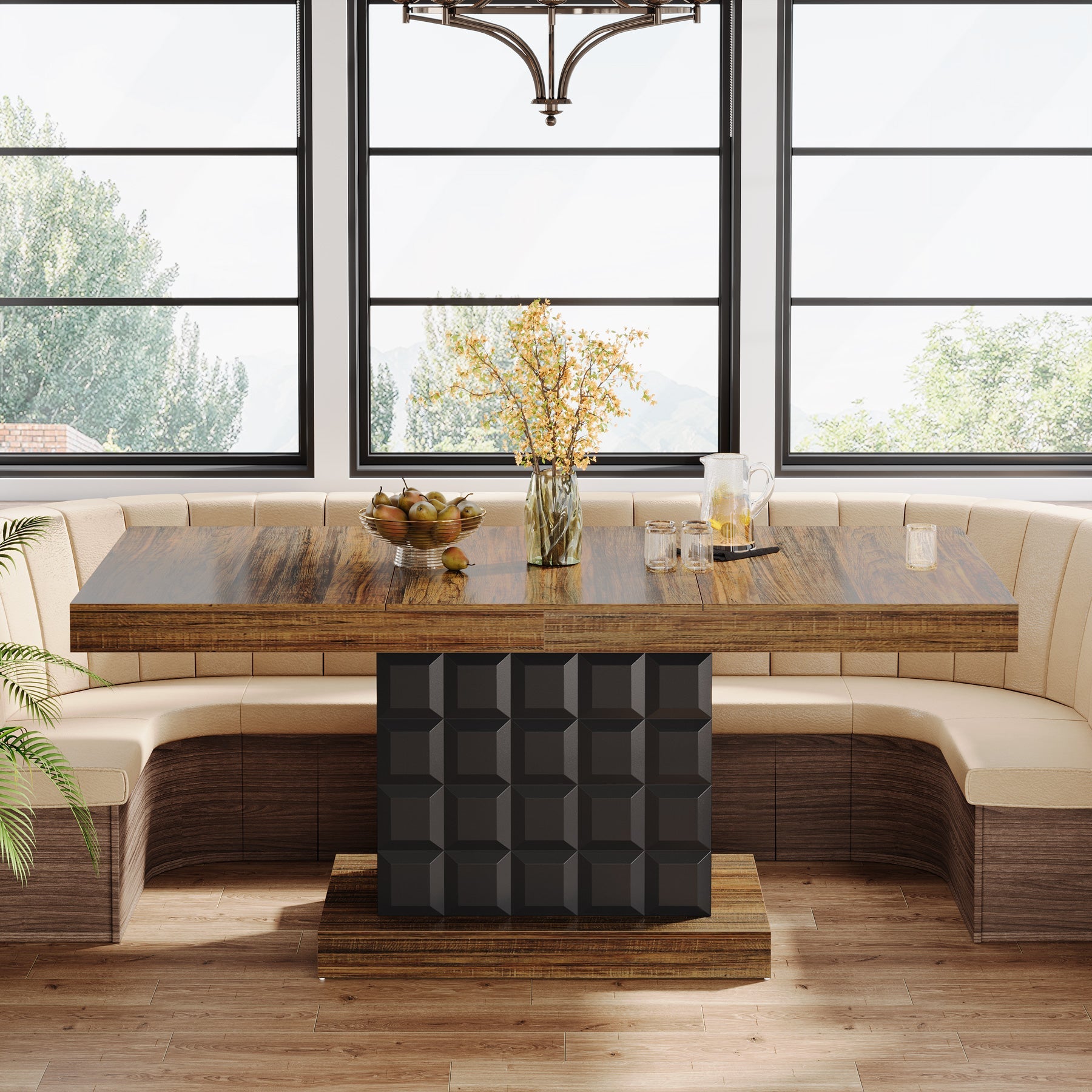 63" Dining Table, Rectangular Kitchen Table with Geometric Relief - Thumbnail 4