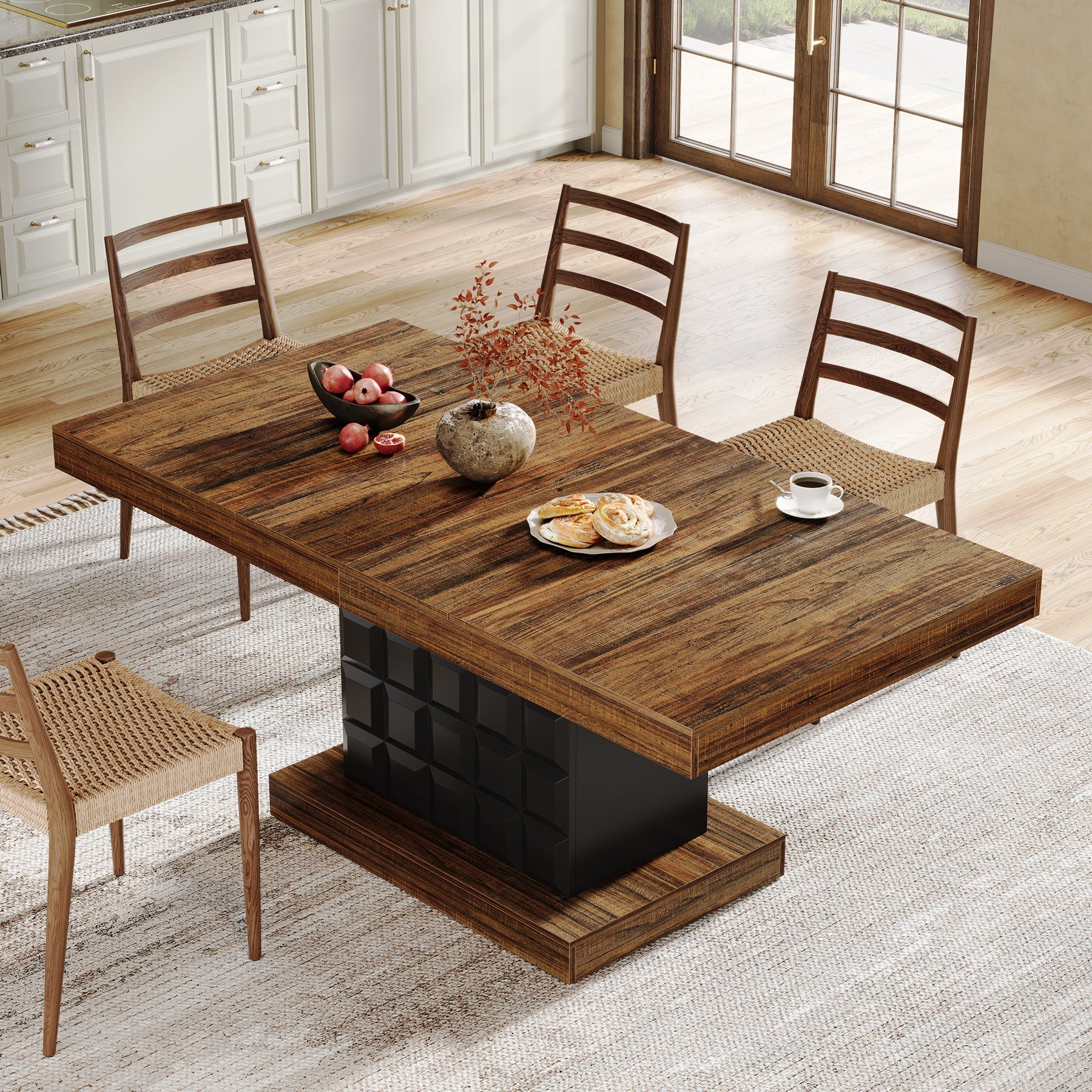 63" Dining Table, Rectangular Kitchen Table with Geometric Relief - Thumbnail 2