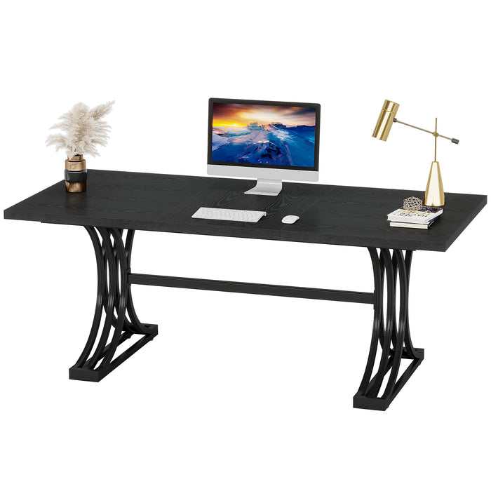 63" Computer Desk with Faux Marble Surface and Gold Metal Base, Modern Executive Desk