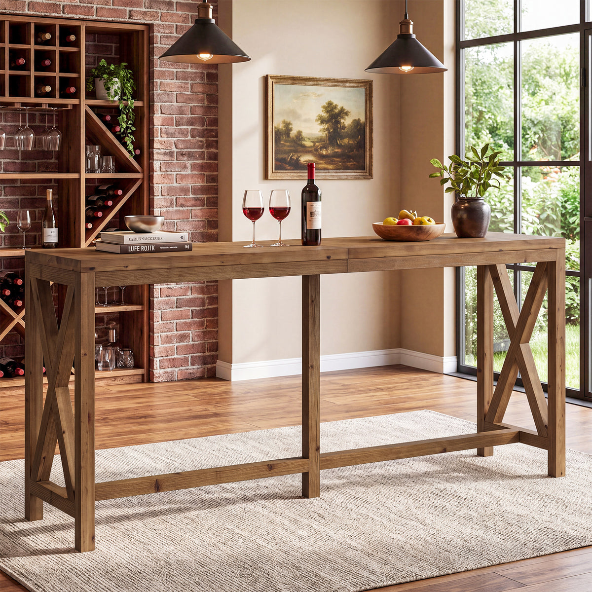 78.74" Solid Wood Bar Table, Counter Height Pub Table with X-Shaped Frame & Footrest for 6-8