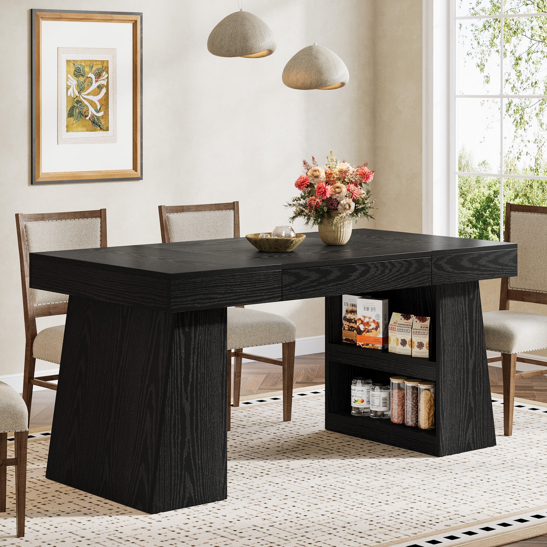 55" Dining Table, Wooden Kitchen Dinner Table with Storage Drawer for 4-6 People