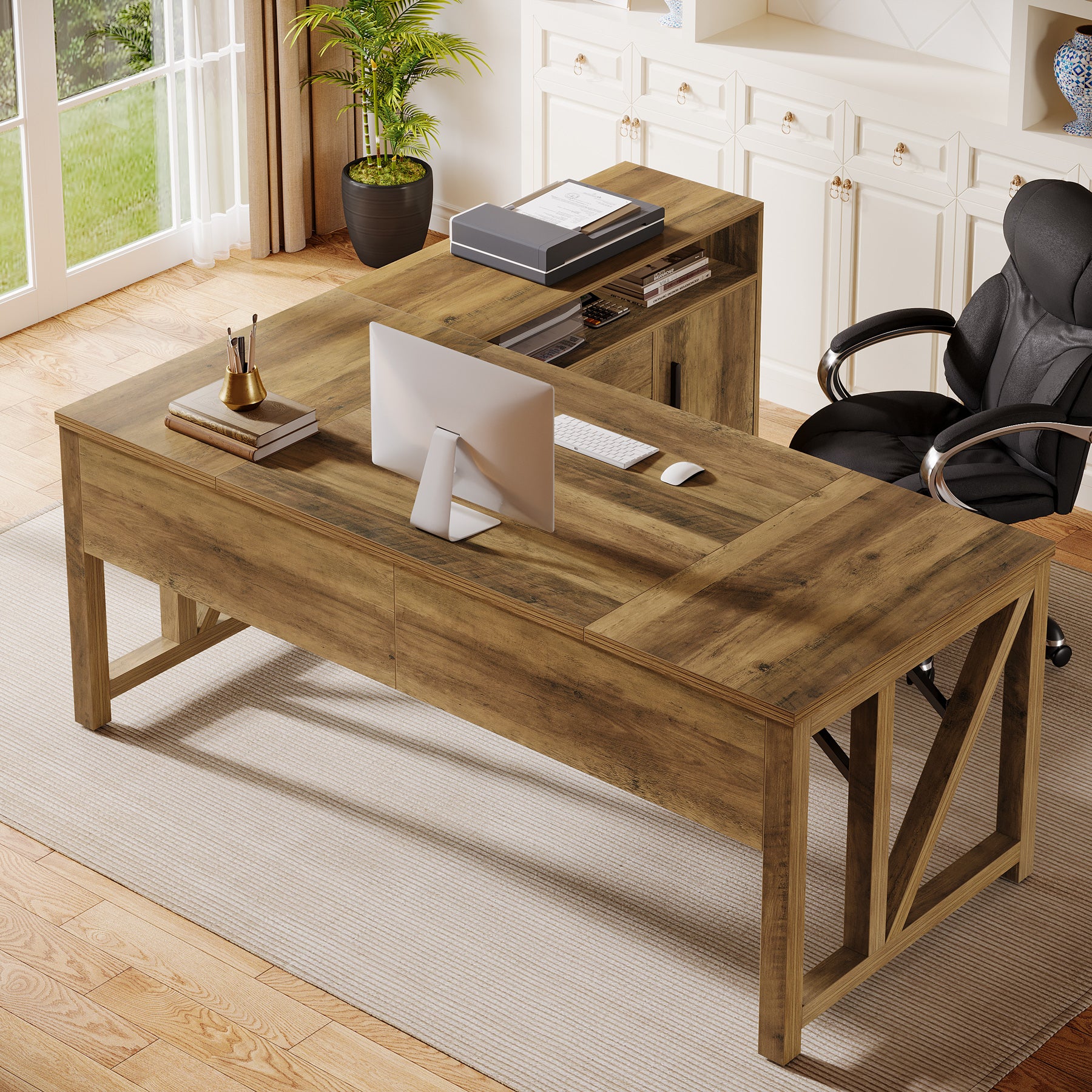 L-Shaped Executive Desk, 63" Computer Desk with Drawer Cabinet