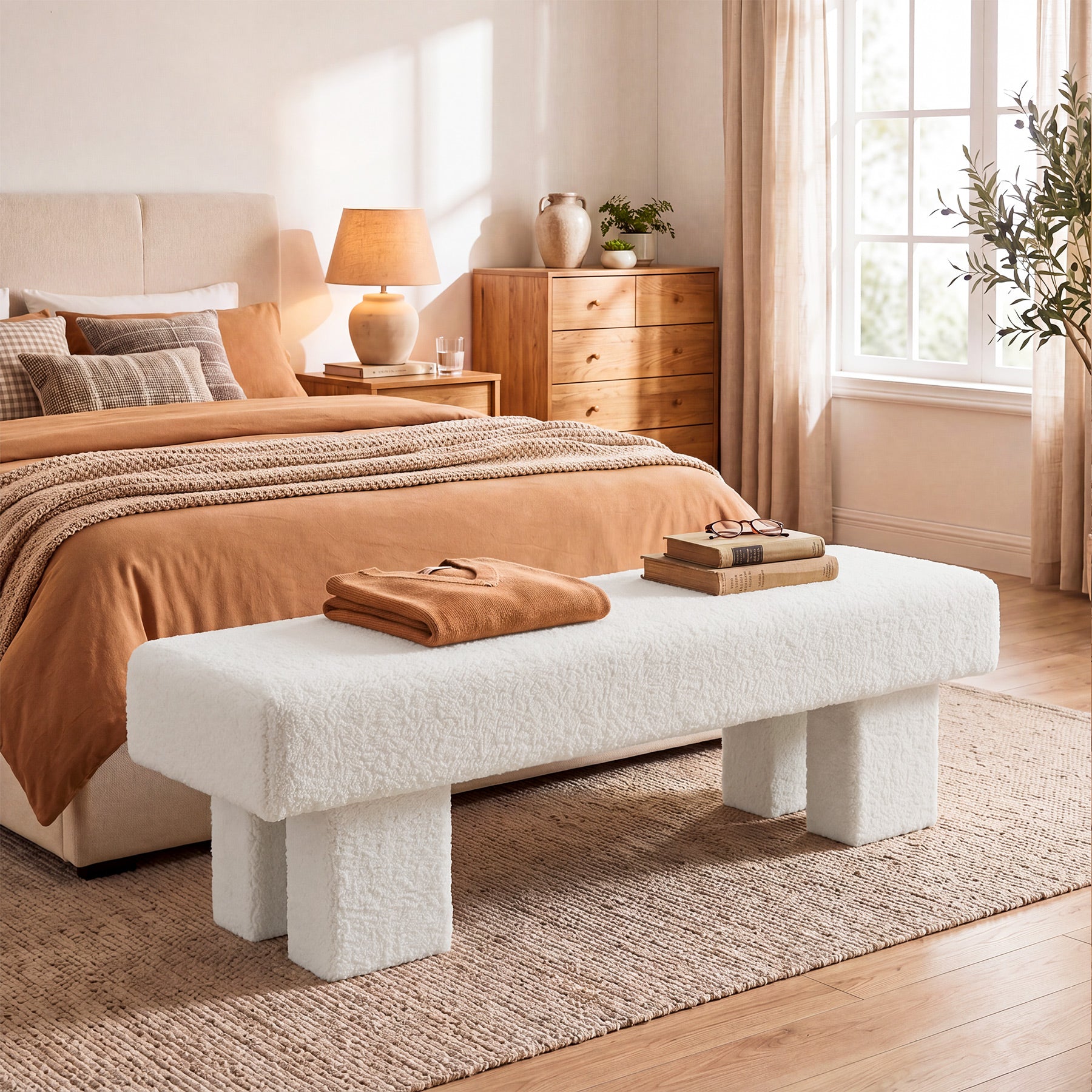 59" Entryway Bench, Modern Upholstered Ottoman Shoe Bench