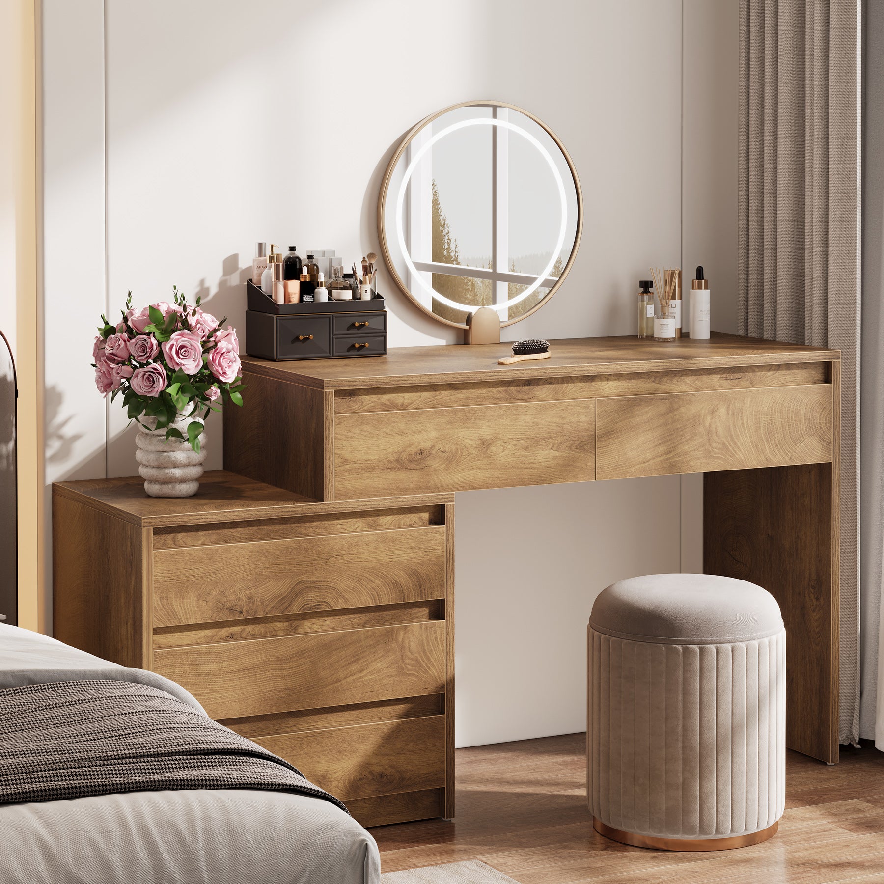 5-Drawer Makeup Vanity Desk, Modern Dressing Table with Cabinet