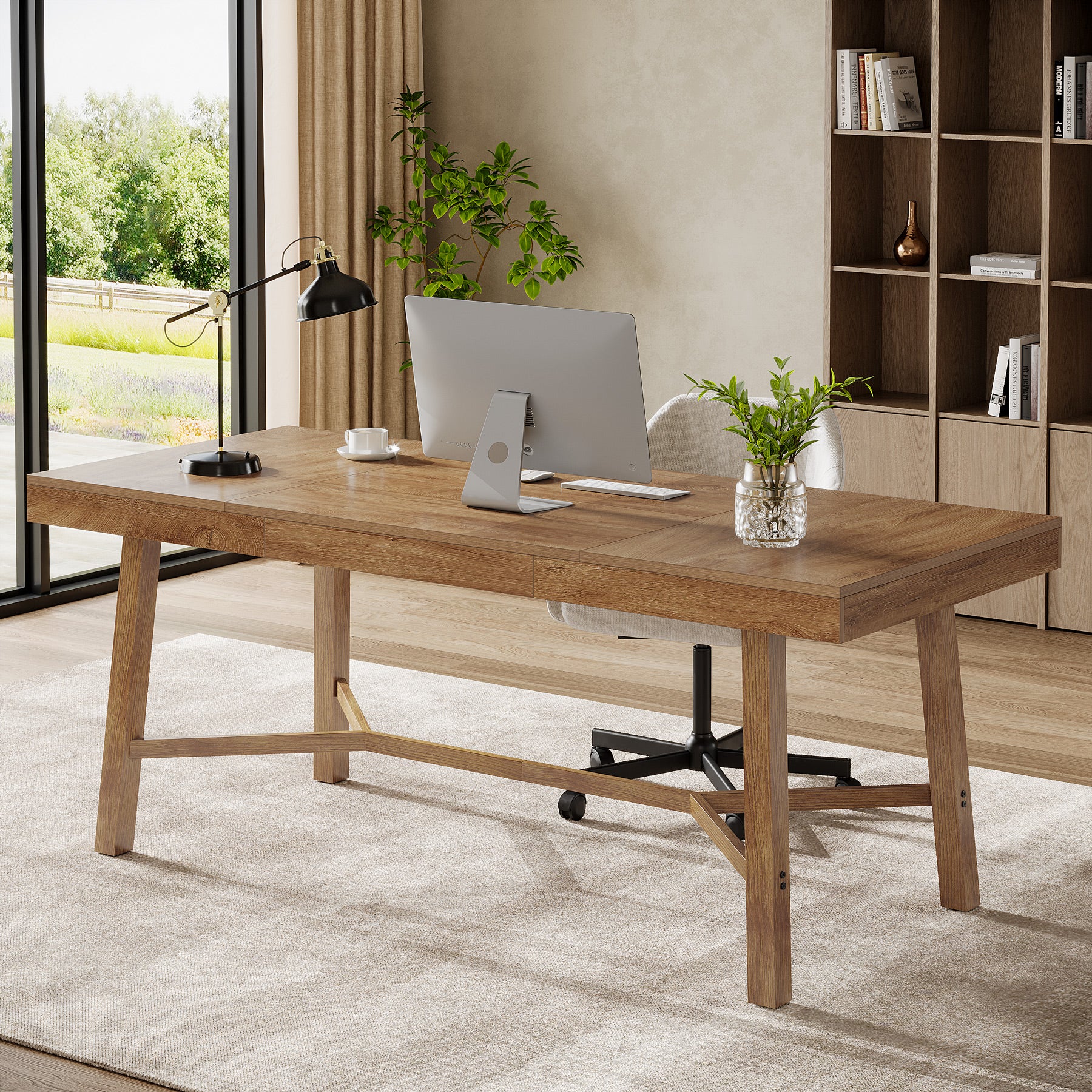 71" Executive Desk, Farmhouse Office Computer Desk with Sturdy Leg - Thumbnail 2