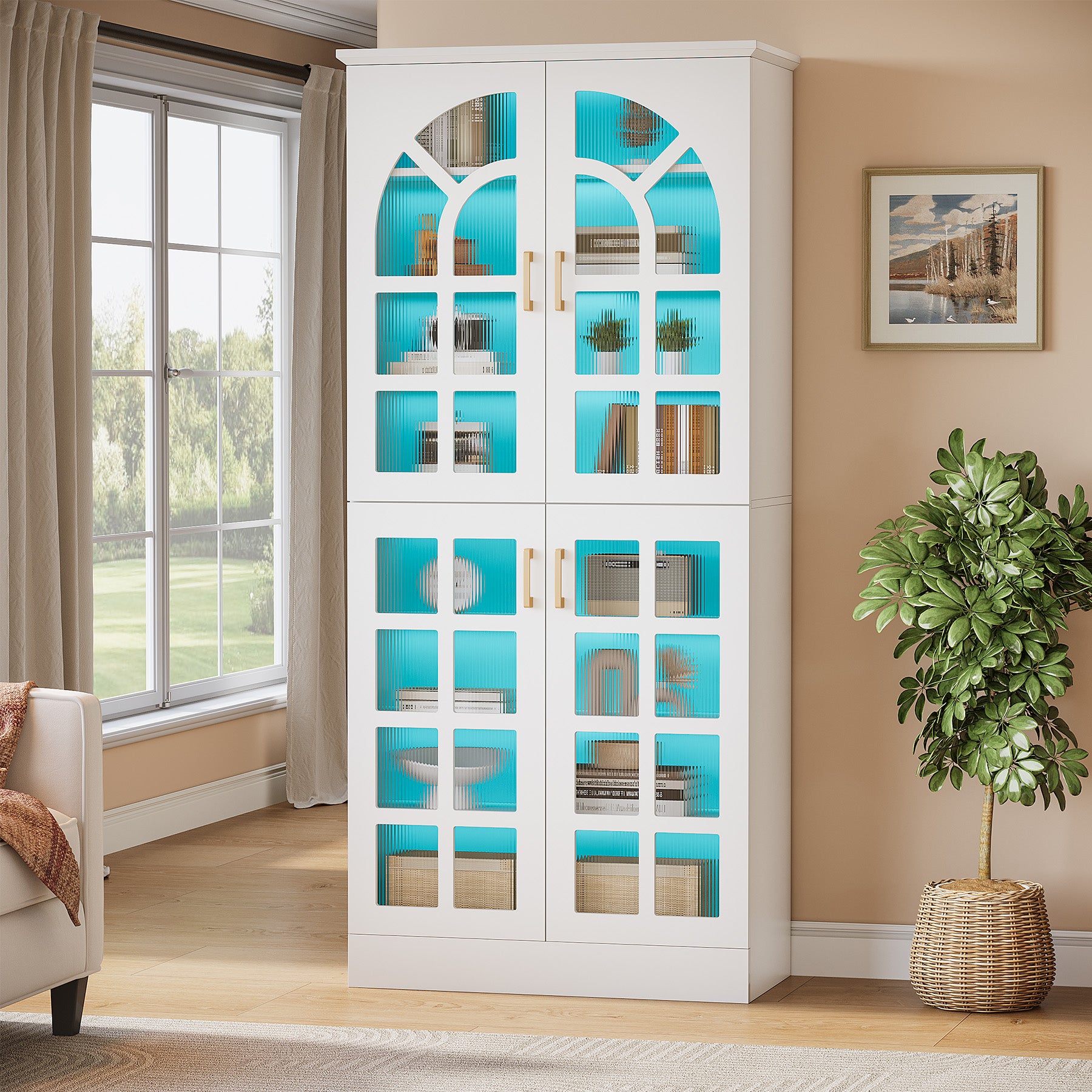 69" Storage Cabinet, Modern Bookcase with Doors and LED Lights - Thumbnail 5