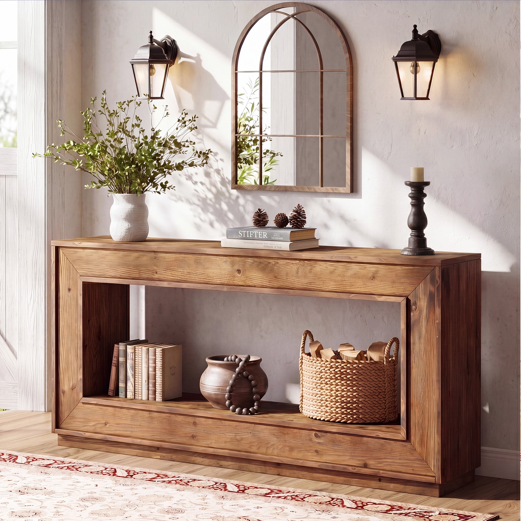 63" Solid Wood Console Table, Farmhouse Entryway Table with Storage for Living Room